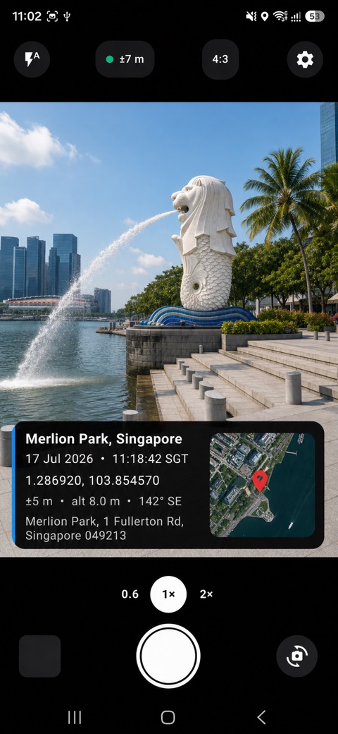 Stamped photo result with coordinates, address, and map details